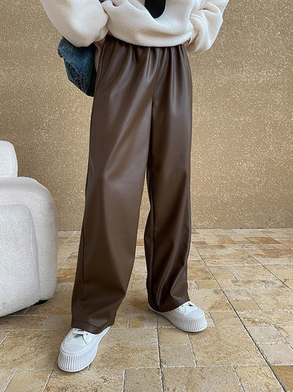 High Elastic Waist Coffee Pu Leather Long Wide Leg Pants New Trousers Women Fashion Tide Spring Autumn