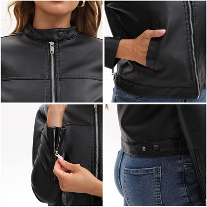Black Women's Fitted Leather Jacket with Front Zipper & Side Pockets?, Available in Brown, Navy Blue, and Beige.