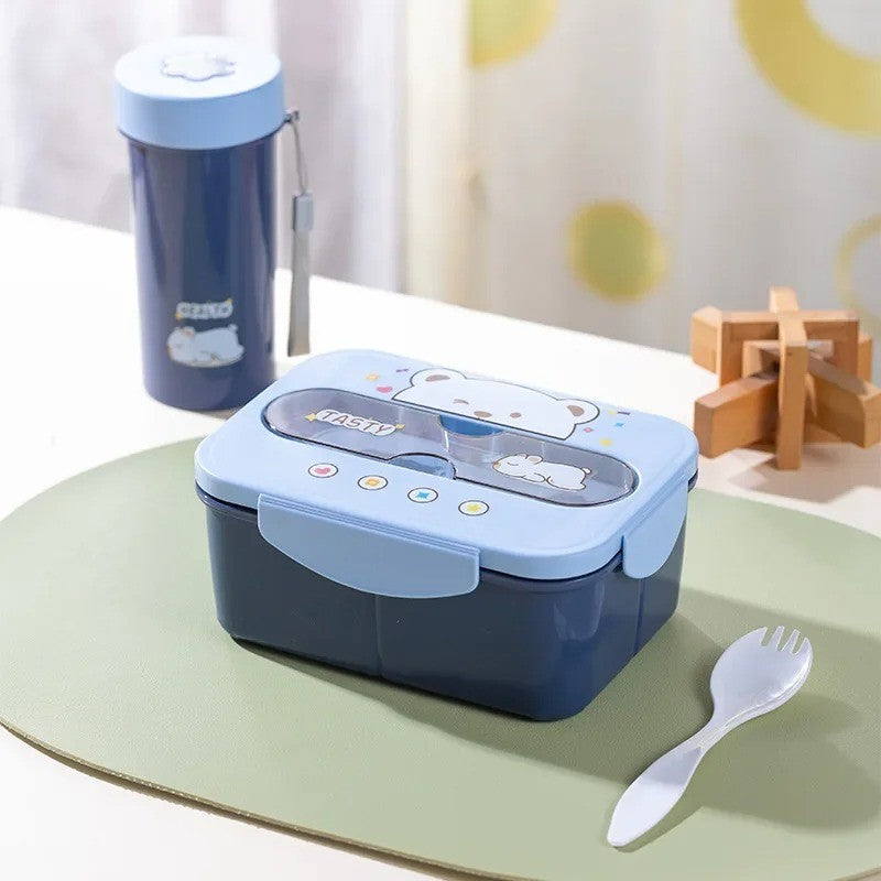 Conjunto de Copo Lancheira Infantil de Plástico Portátil 1200ML com Garfo e Lancheira Infantil com Copo de Água, Recipiente para Armazenamento de Alimentos