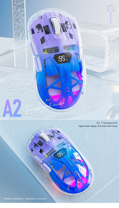 Mouse Bluetooth A2 com tela digital transparente RGB, conexão sem fio de modo duplo, compatível com Win/Mac
