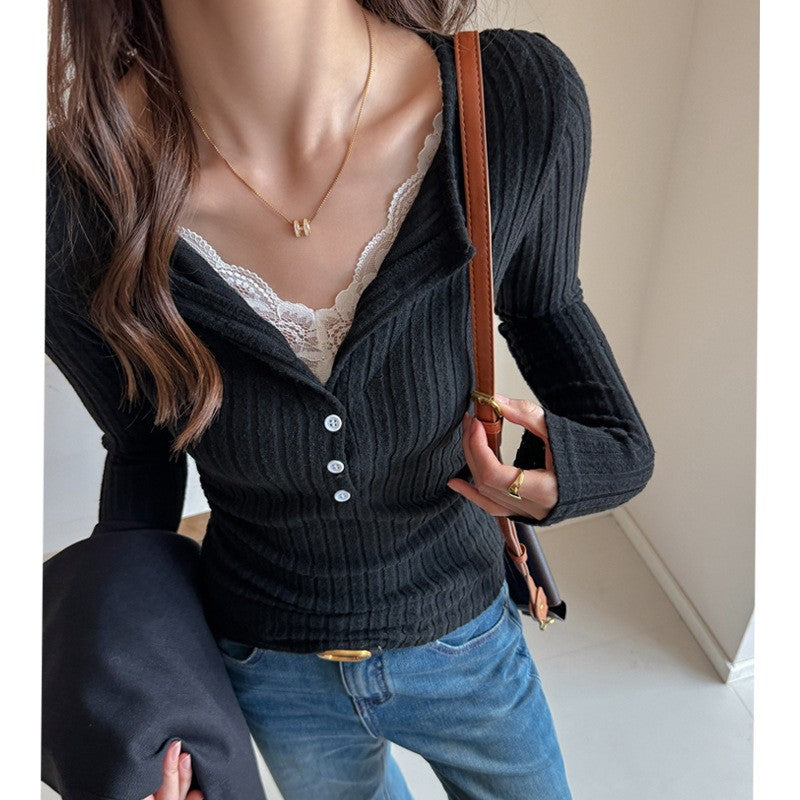 Lace Slim-fitting Bottoming Shirt Fake Two Piece Long Sleeve T-Shirt Women Chic Button Pit Striped Tops Autumn Winter Base Tees