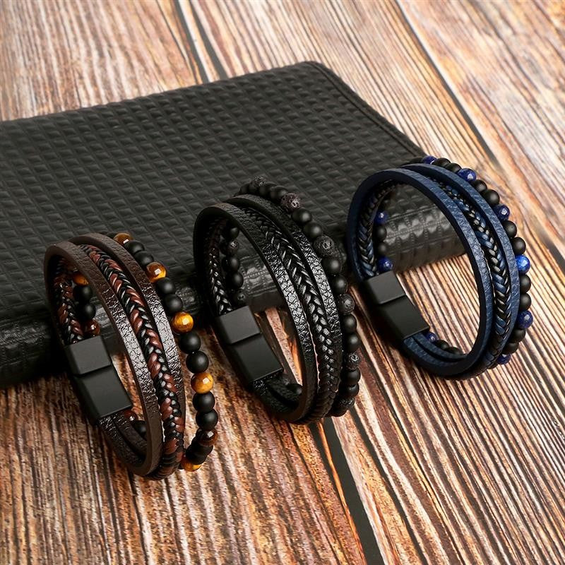 Pulseira de Couro Jiayiqi Masculina Punk Hip Hop Metal Charm Contas Olho de Tigre Pulseira Multicamadas para Homens Joia da Moda Presente
