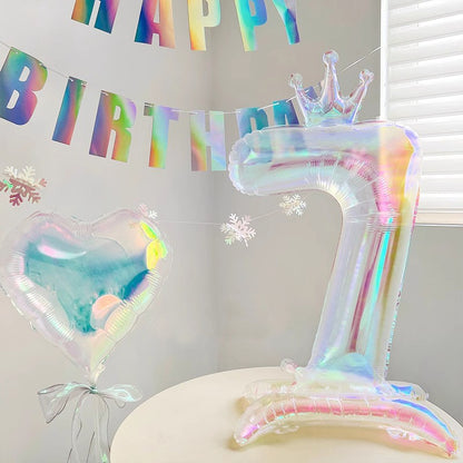 32Inch Transparent Colorful Crown Digital Aluminum Film Balloon with Base Happy Birthday Party Decor Kids Adults Baby Showers
