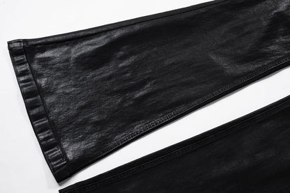 MIJKO Black Wax Leather Strecth Jeans for Men Women Baggy Flare Pants Oversized Straight Denim Trousers ZJ004