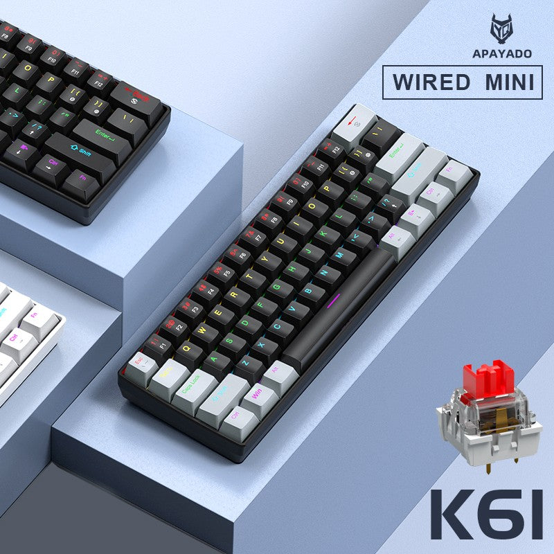 Mini Teclado Mecânico APAYADO K61, Com Fio, 61 Teclas, RGB Fantasma, Switch Mecânico Preto/Branco Vermelho/Azul para Jogos, 60% Portátil