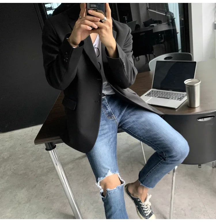 Korean Men's Casual Blazer Western-style Loose-fit Black Single-breasted Jacket Autumn Trendy Dongdaemun Style Clothes