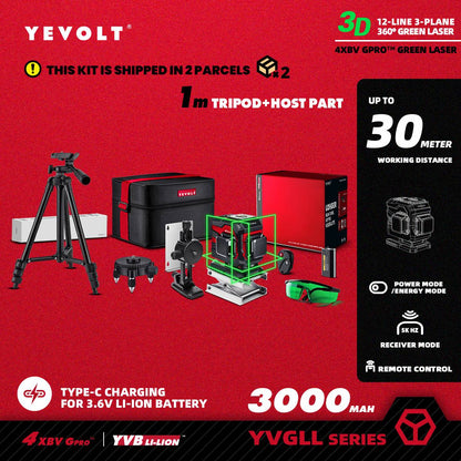Nível a Laser Verde YEVOLT Série YVGLL4XS12T 3 Planos 12 Linhas Autonivelante 360 3D Horizontal & Vertical Ferramentas de Medição de Energia