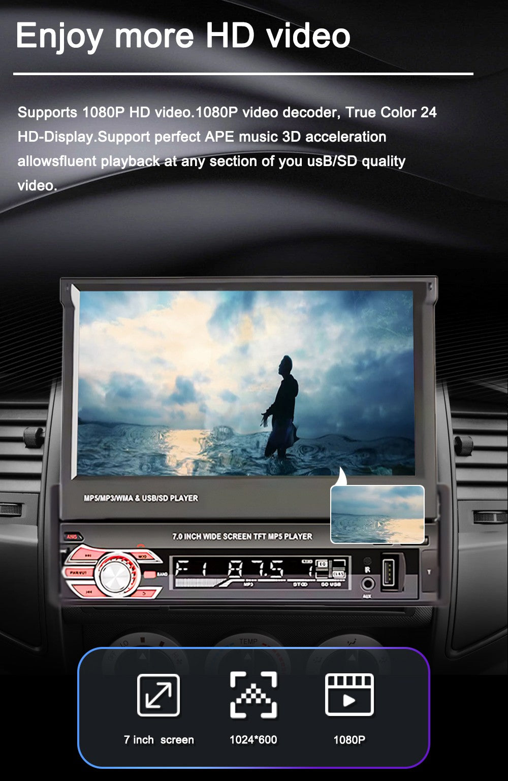 LEHX 1 Din 7inch IPS Retractable Screen Car Radio  Multimedia Player Universal Audio Video Wired CarPlay Android Auto