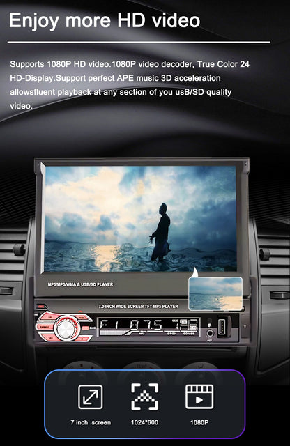 LEHX 1 Din 7inch IPS Retractable Screen Car Radio  Multimedia Player Universal Audio Video Wired CarPlay Android Auto