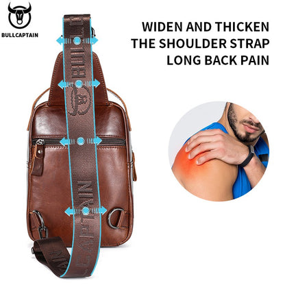 BULLCAPTAIN Men's Genuine Leather Chest Bag Casual Retro 7.9-inch Mobile Phone Bag Multifunctional Anti-Theft Crossbody Bag