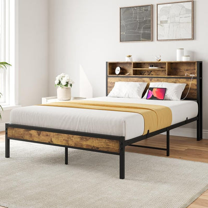 Full Size Bed Frame, Metal Platform Bed with Storage Headboard, Charging Station & Bookcase, No Box Spring Needed, Easy
