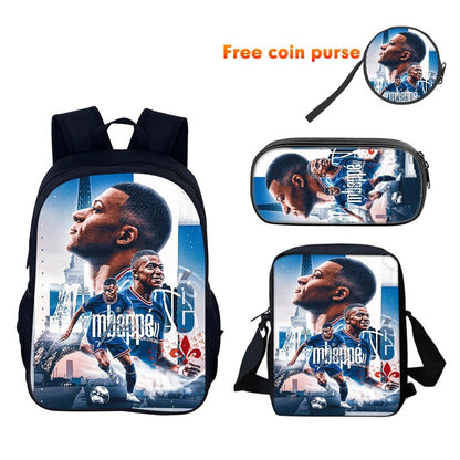 M-Mbappe Conjunto de 3 Peças Bolsa Escolar Mochila Esportiva de Futebol com Bolsas de Ombro Estojo para Canetas Mochila Escolar Jogador Estrela para Melhor Presente