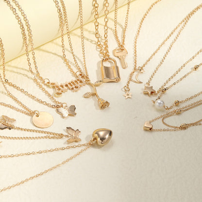 9 Peças Colares Simples Tipo Choker para Mulheres Moda Coração Amor Estrela Pingente Colar Camadas Joias Presente Europeu e Americano 2024