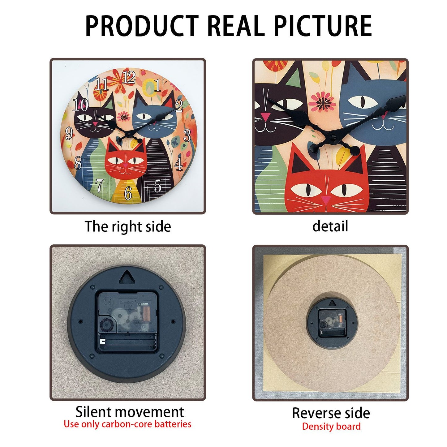 Retro Art Cute Cat Family Wooden Wall Clock Living Room Bedroom Kitchen Home Decoration Wall Clock Silent Quartz Clock Holiday Gift 10 Inch 12 Inch 14 Inch 16inch (No Battery)