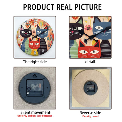 Retro Art Cute Cat Family Wooden Wall Clock Living Room Bedroom Kitchen Home Decoration Wall Clock Silent Quartz Clock Holiday Gift 10 Inch 12 Inch 14 Inch 16inch (No Battery)