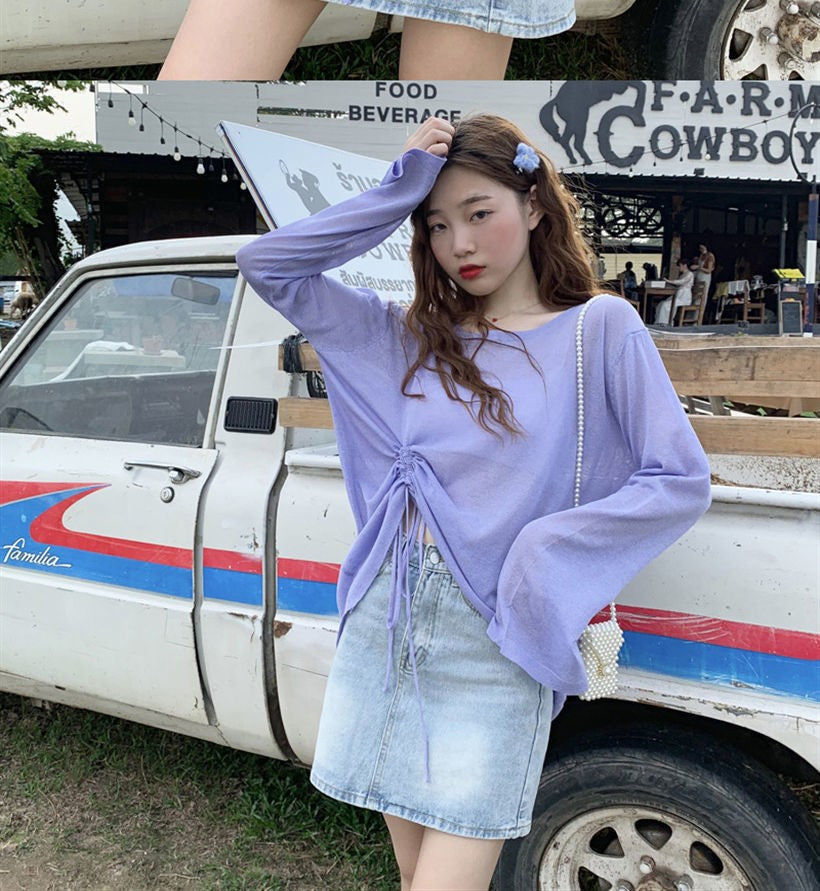 Women's 2025 Women's Summer New Beach Long sleeved Sunscreen Jacket Loose Hoodie Drawstring Upward Shirt