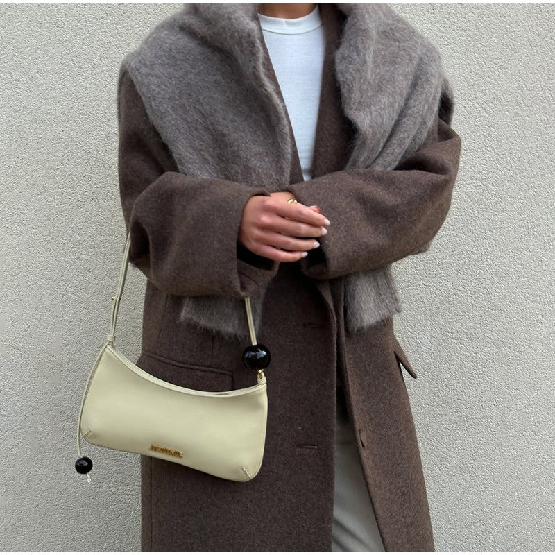 Women Shoulder Pad Wool Long Coats Fashion Lapel Single-breasted Long Sleeve Coat Chic 2025 Autumn Lady Commute Street Outerwear