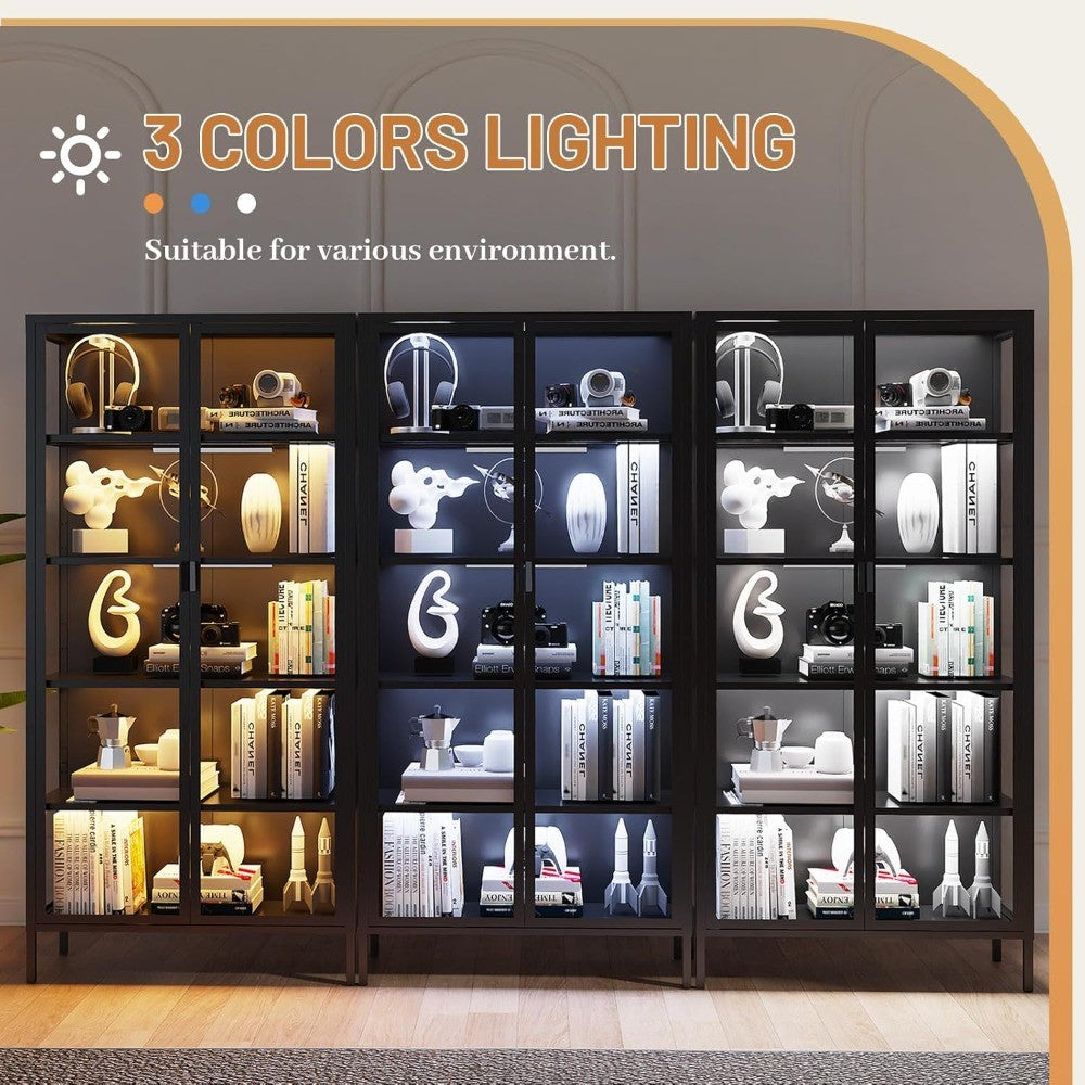 Glass Door Display Cabinet with 71 H, 5 Shelves, LED Sensor Lighting for Curio Showcases