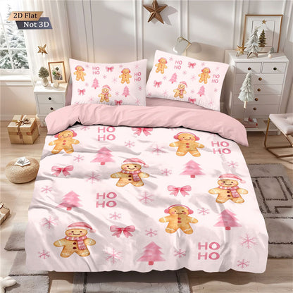 3pcs pink Merry Christmas gingerbread printed coreless bedding set multi size bedroom bedding holiday decoration comfortable