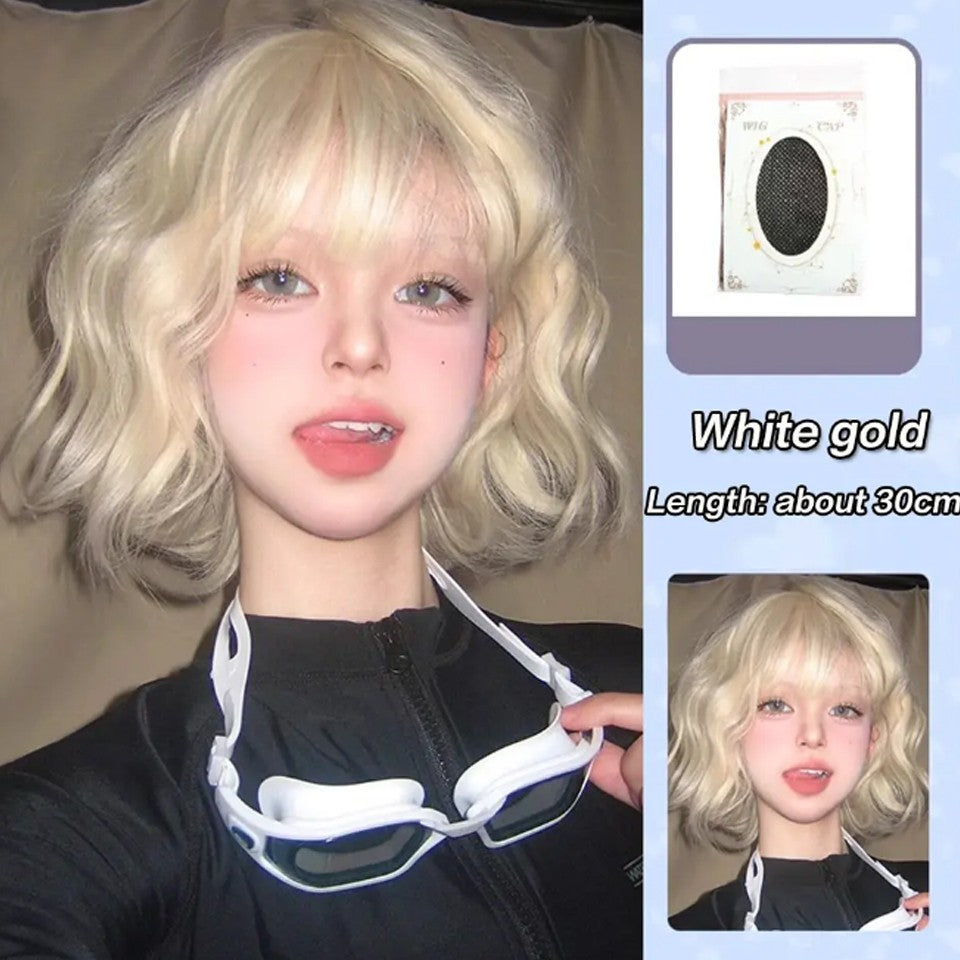 Peruca Sintética Lolita Curta Cacheada 12 Polegadas Doce E Adorável Dourado-Branco Natural Fofa Cabelo Ondulado Cosplay Peruca De Cabeça Cheia Para