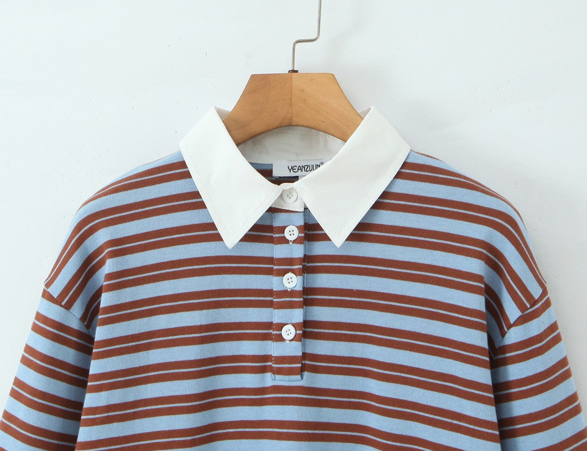Autumn New Striped Loose Polo Collar Women Tops Fashion Vintage Patchwork Long Sleeve T Shirt Streetwear Women Basic Tops