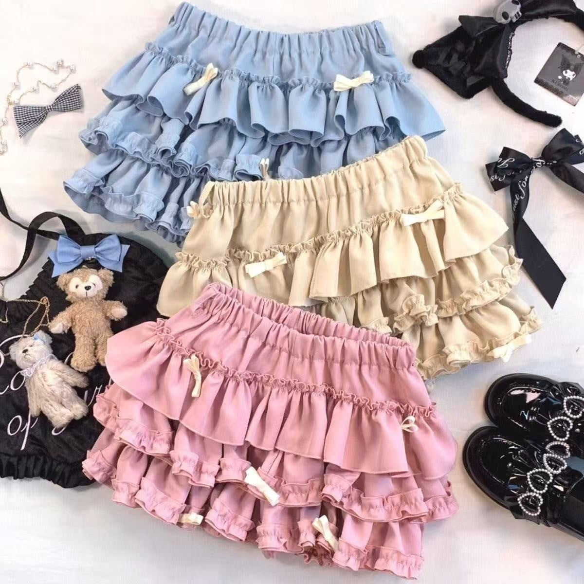 2025 Summer New Versatile Women's Clothing Blue Bow Lace Cake Tutu Mini Skirt Kawaii Pink Sweet Cute Thin A-line Skirts Ladies
