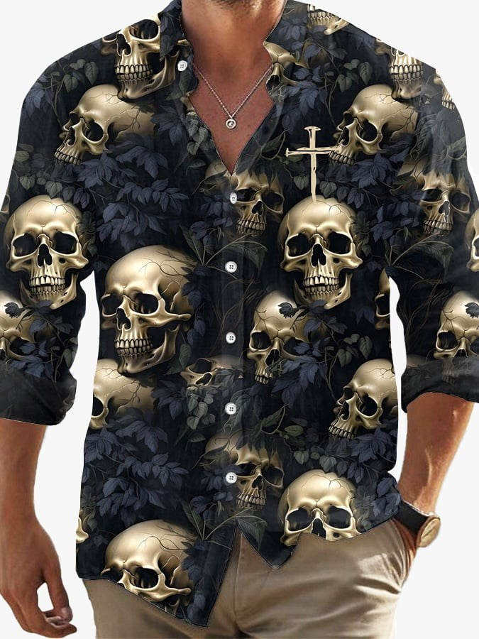 2024 Halloween Party Men's Vintage Dark Skull Print Long Sleeve Shirt - Skull Print,Regular Fit,, Lapel Collar, Polyester Blend
