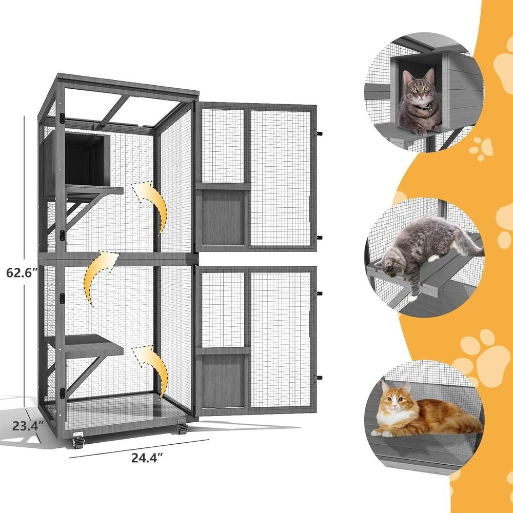 Caixa Externa para Gatos com 4 Níveis, Rodas, Piso Removível e Teto Impermeável, Inclui Caixa de Descanso e Janela Aprimoradas
