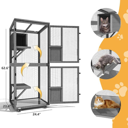 Caixa Externa para Gatos com 4 Níveis, Rodas, Piso Removível e Teto Impermeável, Inclui Caixa de Descanso e Janela Aprimoradas