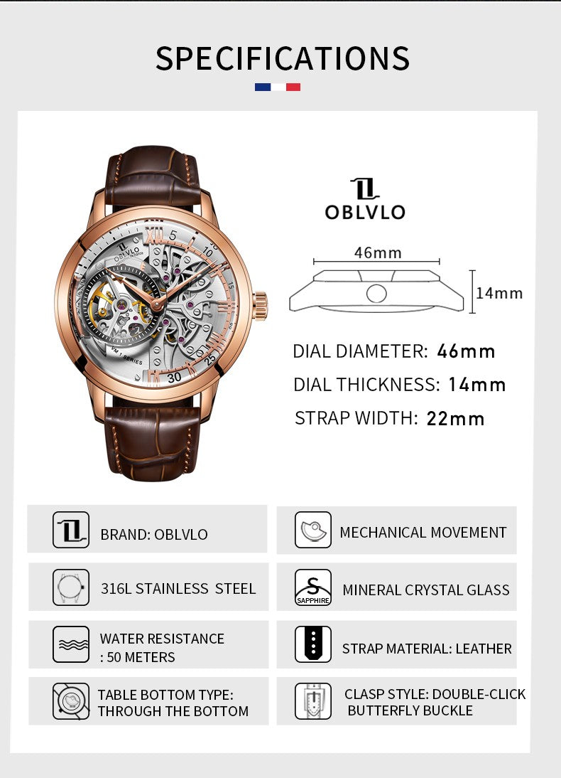 OBLVLO Luxury Retro Casual Men Skeleton Automatic Watches Mechanical Calfskin Strap Mineral Crystal Glass Waterproof Dial 45 VM