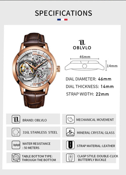 OBLVLO Luxury Retro Casual Men Skeleton Automatic Watches Mechanical Calfskin Strap Mineral Crystal Glass Waterproof Dial 45 VM