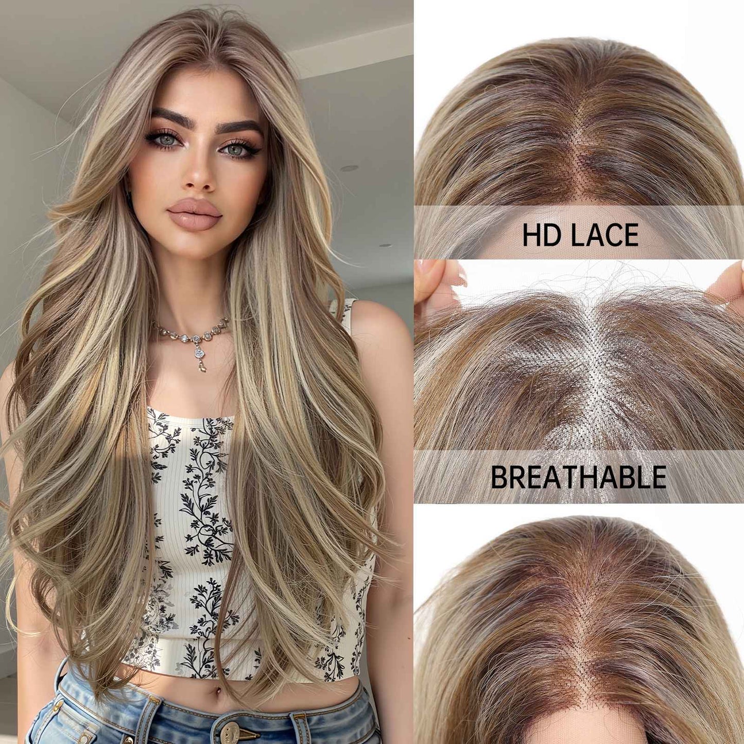 HENRY MARGU Peruca Sintética Lace Front 13x6 Peruca Longa Castanho Cinza Cabelo Ondulado Natural para Uso Diário Peruca de Fibra de Alta Temperatura