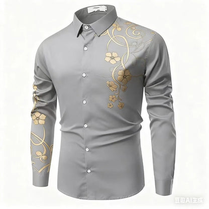 2025 Luxury Gold Flower European and American Popular Printed Long Sleeve Shirt for Luxury Parties Wearing Button Up Top