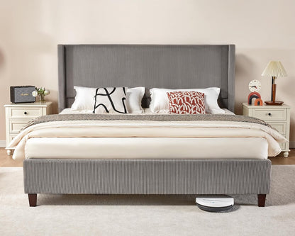 Base de Cama Queen Size Plataforma, Cama Estofada em Veludo Cotelê 129 cm com Cabeceira Estofada em Canal Vertical/Estrado de Madeira/Asa Lateral