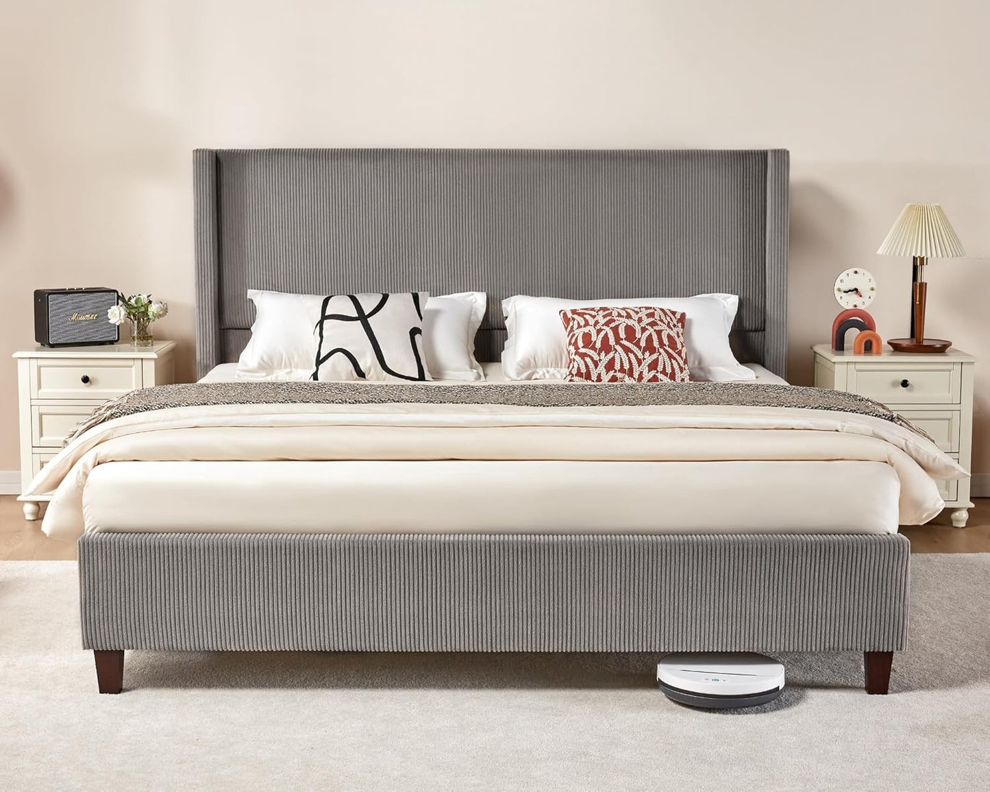 Base de Cama Queen Size Plataforma, Cama Estofada em Veludo Cotelê 129 cm com Cabeceira Estofada em Canal Vertical/Estrado de Madeira/Asa Lateral