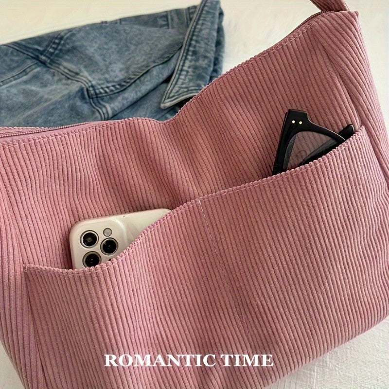 Women’s Corduroy Shoulder Bag Casual Striped Large Capacity Tote with Zipper Closure, Cute Hat Patch, Perfect for Everyday Use