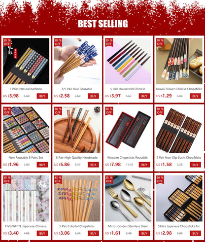 5 pares de pauzinhos japoneses para sushi, antiderrapantes, reutilizáveis, chineses, utensílios de mesa, presente, ferramentas de cozinha