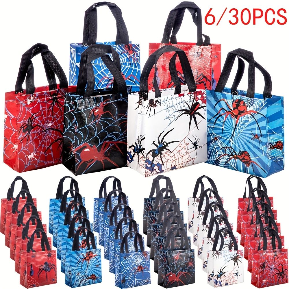 6/30pcs Spider Print Gift Bags Non Woven Tote Bags Halloween Party Favor Bags for Candy Gifts and Shopping