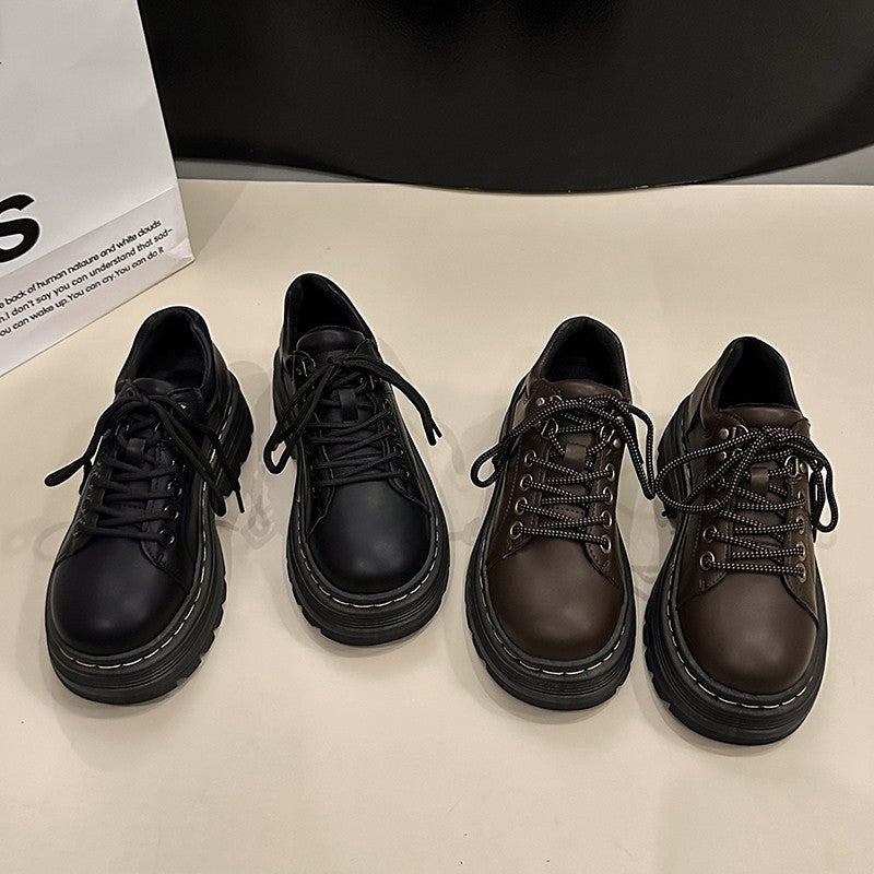 Womens Derby Shoes Autumn British Style Female Footwear Loafers With Fur Round Toe Clogs Platform Casual Sneaker Leather Fall Pr