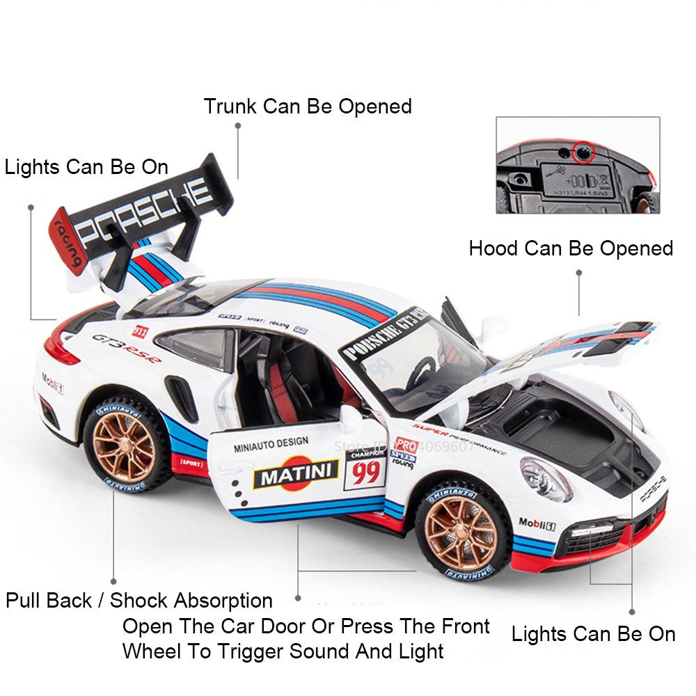 1:32 911 GT3 RSR Miniature Sports Car Model Toys Alloy Diecast Vehicles 4 Doors Opened Pull Back Sound Light Supercar Boys Gifts
