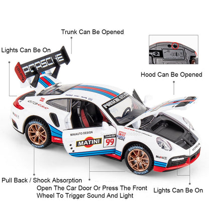1:32 911 GT3 RSR Miniature Sports Car Model Toys Alloy Diecast Vehicles 4 Doors Opened Pull Back Sound Light Supercar Boys Gifts