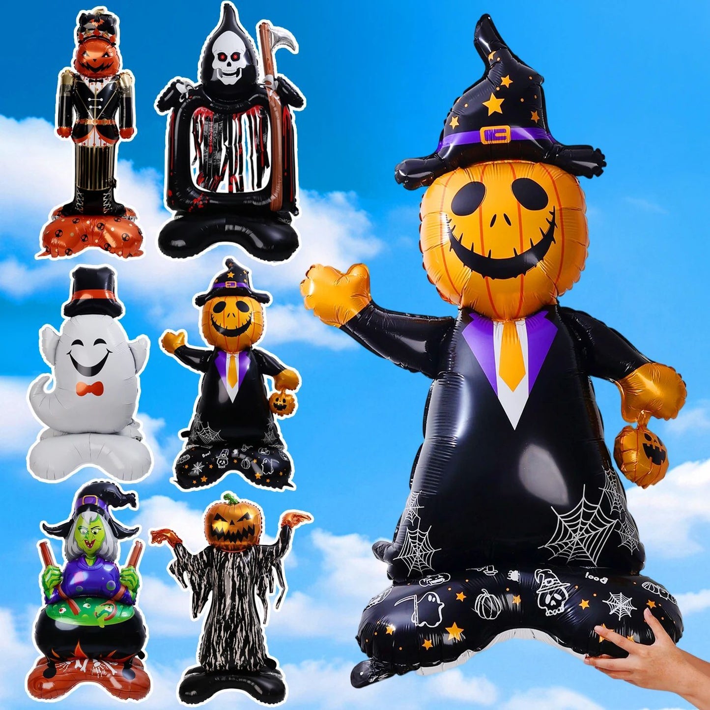 Halloween Party Giant Foil Balloons Inflatable Toys Decor Pumpkin Soldier Witch Ghost Skeleton Reaper Aluminum Standing Balloon