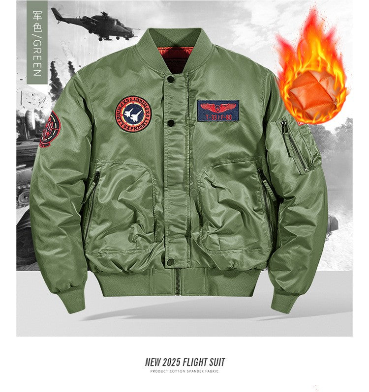 Unisex Winter Thicken Warm Bomber Jacket Air Force Style Flight Parkas Coat with Cotton Embroidery Casual Outwear for Men