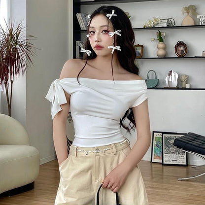 CUTENOVA 2024 Women'S Summer Ins Style New Shrink Pleated One-Shoulder Crop Top Backless Twist Tie Asymmetric T-Shirt Casual Top