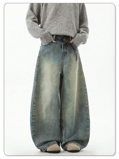 Men's Wear Blue Wide-Leg Denim Pants Baggy Jeans Vintage Three-Dimensional Cut Curved Knife Jeans Loose Fit Summer New Trend