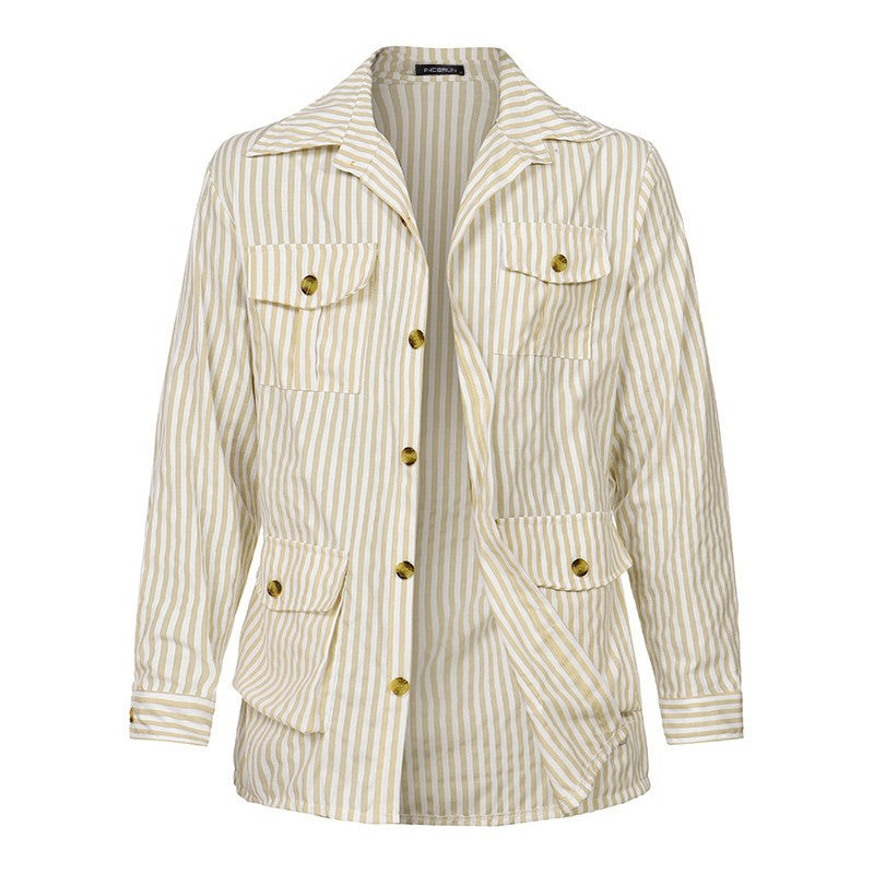 New 2025 Spring Autumn Men's Clothing Trend Striped Multi-pocket Men Cardigan Suit Jackets Business Casual Lace-up Coats for Men