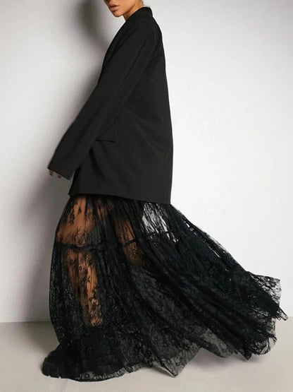 Lace Jacquard Transperant Skirt Women Summer New High Waist Sexy Casual Long Skirts 2025 Streetwear Fashion Black Maxi Skirt