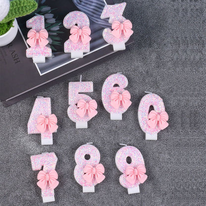 Pink Bow Number Candle Glitter Candle Cake Topper 0-9 for Birthday Anniversary Party Cake Decoration Gifts