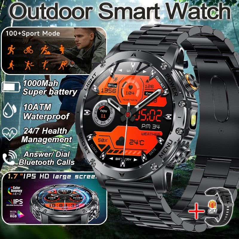 Smartwatch Militar Novo 2025 Bateria 1000mAh Monitoramento Fitness 10ATM À Prova D'Água Táticas Esportivas Lanterna Pulseira para Chamadas Masculino