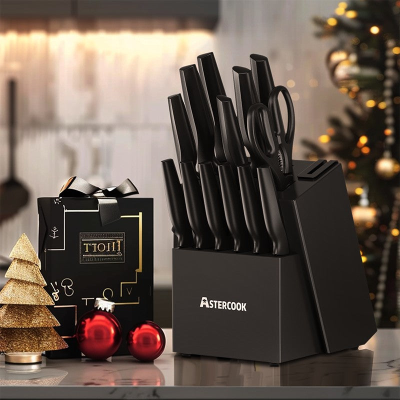 Conjunto de Facas de Cozinha Astercook com Bloco Amolador Embutido, Próprio para Lava-Louças, Conjunto de Bloco de Facas de Aço Inoxidável Alemão de 15 Peças